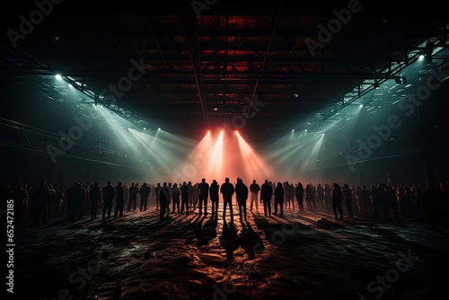 Lonely boxer faces the darkness of the arena, shining red gloves., generative IA