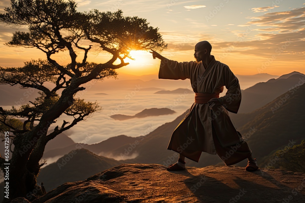 Kung Master Fu Meditating between ancient statues at dawn., generative IA - obrazy, fototapety, plakaty 