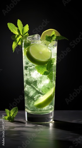 Iced Mojito on dark frosted grain countertop, decoration of the cocktail