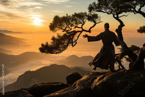 Kung Master Fu Meditating between ancient statues at dawn., generative IA
