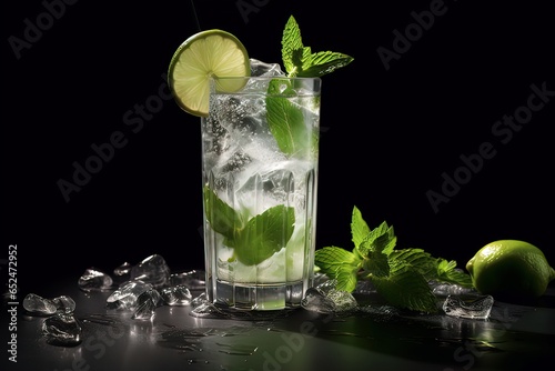 Iced Mojito on dark frosted grain countertop, decoration of the cocktail