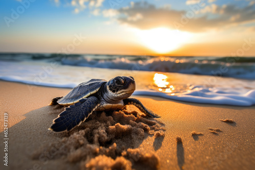 Baby Hawksbill Turtle hatchling making its way to the ocean
