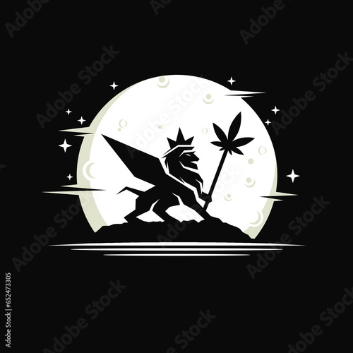 illustration vector of winged lion and wearing a crown with a cannabis stick in his hand with moon stars night background suitable for natural organic cannabis farm cultivation products logo design