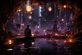 Monk Meditates in futuristic garden of crystals and light., generative IA