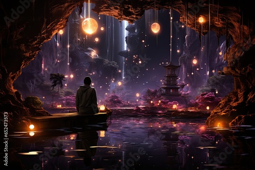 Monk Meditates in futuristic garden of crystals and light., generative IA