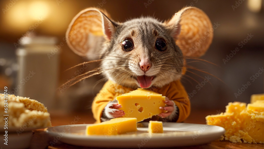 Fototapeta premium Cute cartoon mouse with cheese