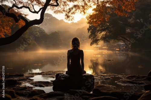 Yoga practitioner in tree pose at dawn, serene scenario., generative IA photo
