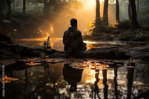 Yogi meditates in serene forest at dawn, merging with nature., generative IA