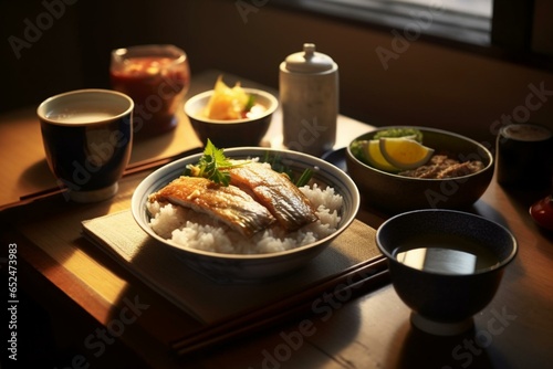 Traditional Japanese morning meal, with rice and fish. Generative AI