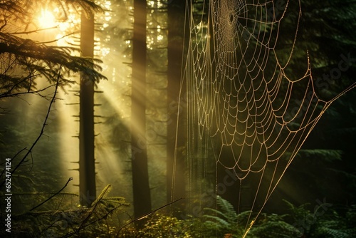 A forest spiderweb with dew, tree branch, and sunbeam. Generative AI