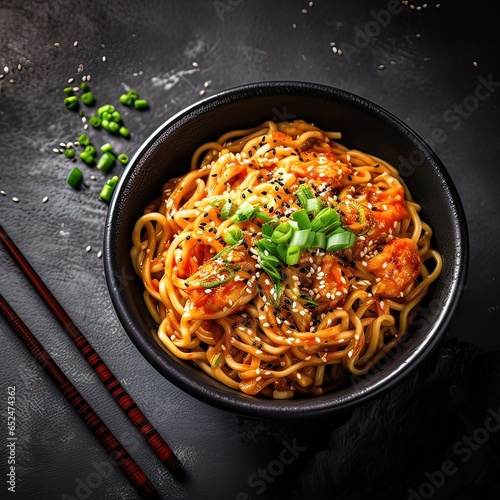 Japanese noodles with spicy sauce sprinkled with sesame seeds on a black board with copy space. Food photography