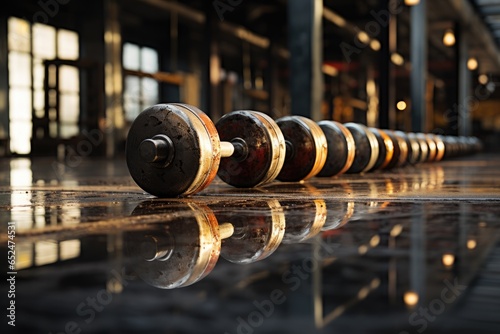 Bright dumbbells in gym retell stories of effort., generative IA
