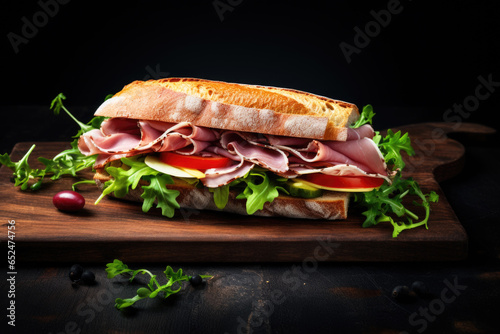 Fresh submarine sandwiches with ham, cheese, bacon, tomatoes, lettuce, cucumbers and onions on dark wooden background