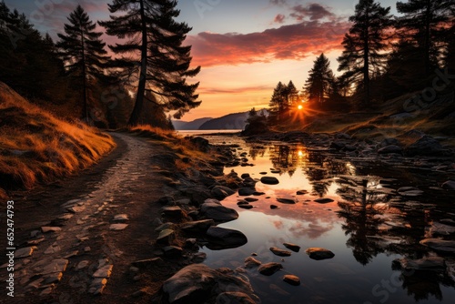 Serene trail on the edge of an alpine lake at dawn.  generative IA