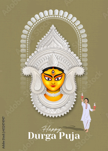 Happy Durga Puja Creative Banner Design With Durga Face Illustration Indian Festival