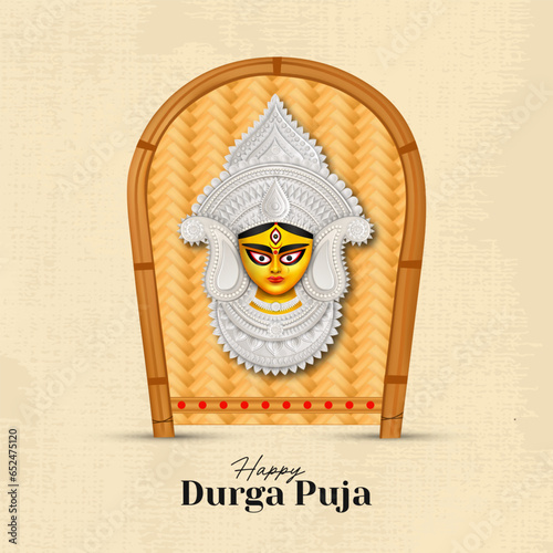 Happy Durga Puja Creative Banner Design With Durga Face Illustration Indian Festival photo