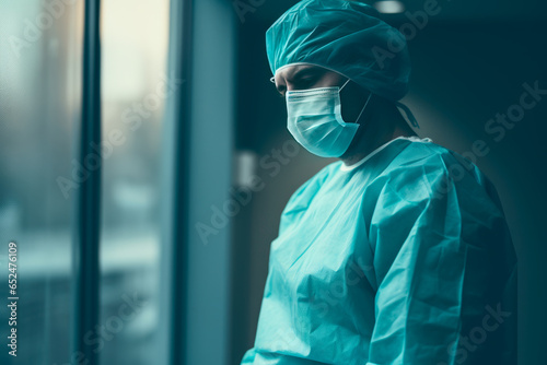A tired surgeon stands thoughtfully at the window after a complex operation