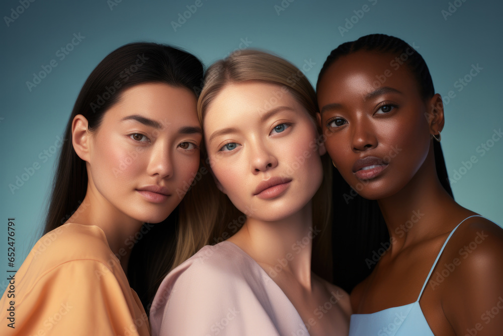 Three women of different ethnicities posing for a picture in front of a blue background. Generative AI. Three women of different ethnicities posing for a picture in front of a blue background. Generative AI.