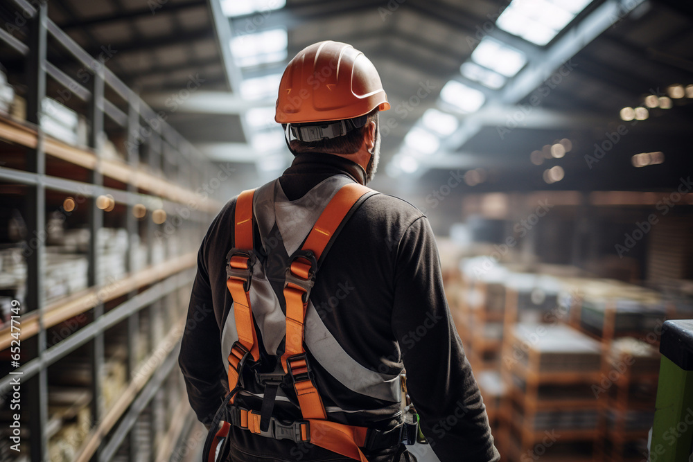 Uomo al lavoro in cantiere industriale con abbigliamento di sicurezza