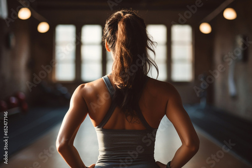 giovane donna con capelli legati durante lezione fitnesse inquadrata di spalle photo