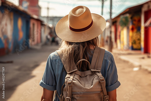Giovane donna turista di spalle con cappello e zaino in una strada inquadrata di spalle photo
