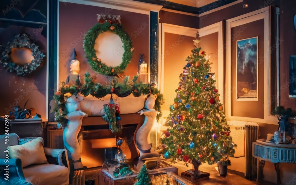 Obraz premium Magical Christmas Tree Extravaganza: Dive into the Festive Splendor of a Cozy Holiday Wonderland!