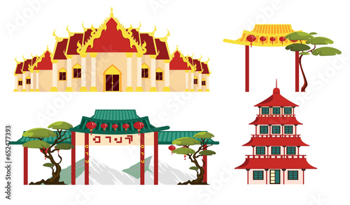 Set of beautiful Asian buildings in cartoon style. Vector illustration of different buildings: Buddhist temple in Thailand, Chinese arch, gate, pagoda isolated on white background. Religious building