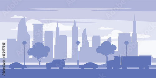 Vector illustration of a beautiful silhouette city landscape. Cartoon scene of a city silhouette landscape with high-rise buildings, skyscrapers, trees, lampposts, a road with cars, a jeep, a truck.
