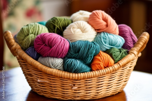 Basket full of colorful yarn wool balls. Pastel colors