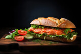 Smoked salmon sandwich with cream fresh and lettuce on dark wooden background