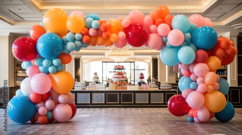 Colorful balloon arches over dessert table