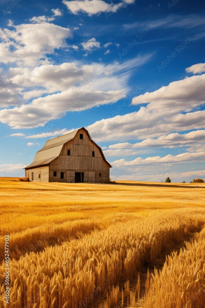 Rustic barn nestled in golden wheat field Rustic barn nestled in golden wheat field
