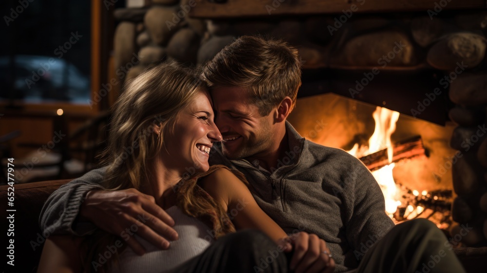 Couple sitting by the fireplace, cuddling Couple sitting by the fireplace, cuddling