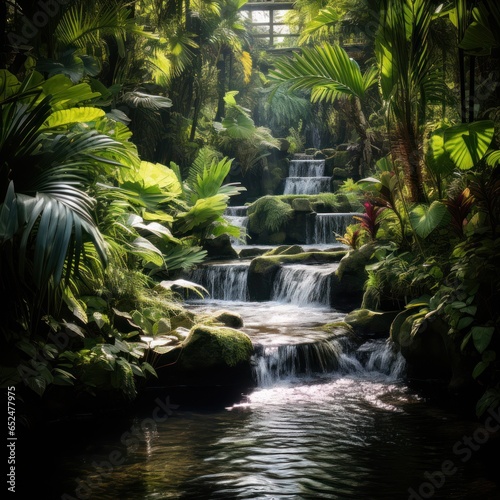 Lush tropical jungle with cascading waterfall