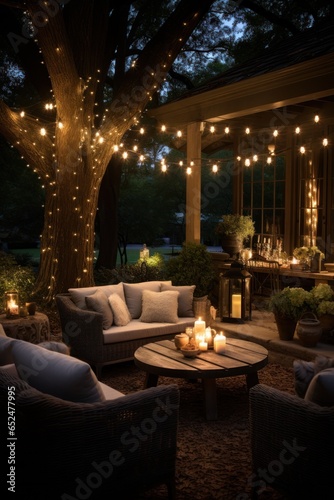 Outdoor string lights and cozy seating area © olegganko