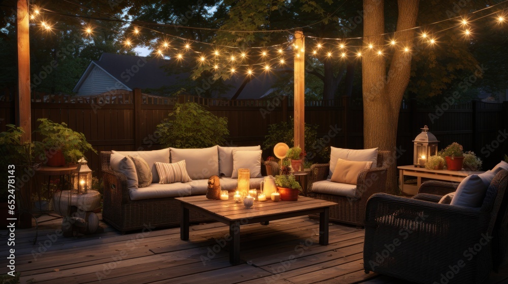 Outdoor string lights and cozy seating area