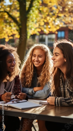Diverse group of students studying together outdoors