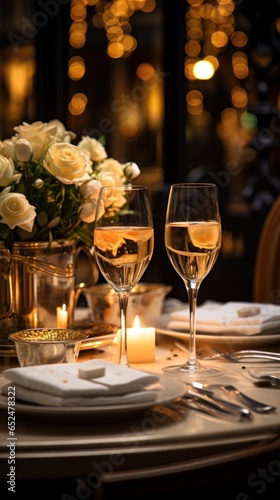 Candlelit dinner with champagne glasses