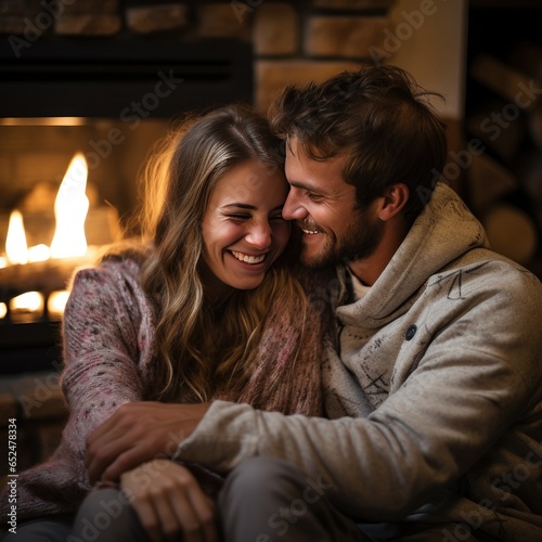 Couple sitting by the fireplace, cuddling