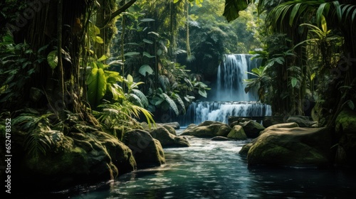 Lush tropical jungle with cascading waterfall