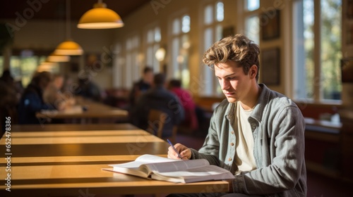 Student reading textbook in quiet study area