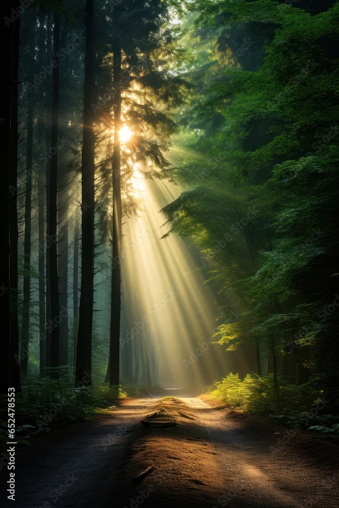 Obraz premium Tranquil misty autumn forest with sun rays