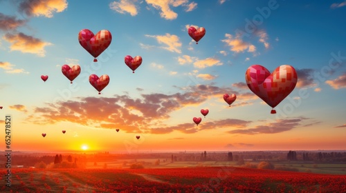 Heart-shaped hot air balloons in the sky