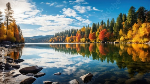 Serene lake reflecting colorful autumn trees