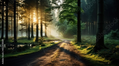 Tranquil misty autumn forest with sun rays