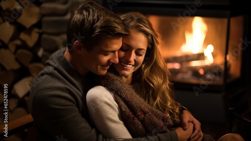 Couple sitting by the fireplace, cuddling