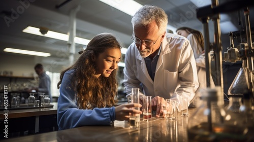 Teacher instructing students in a science lab