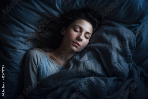 Woman sleeping peacefully in a cozy bed with soft lighting and comfortable bedding