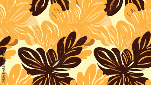 Yellow brown abstract background with tropical palm leaves in Matisse style. Vector seamless pattern with Scandinavian cut out elements.