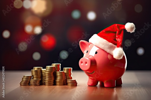 Piggy bank with Santa Claus hat and coins on bokeh background, ai generative photo
